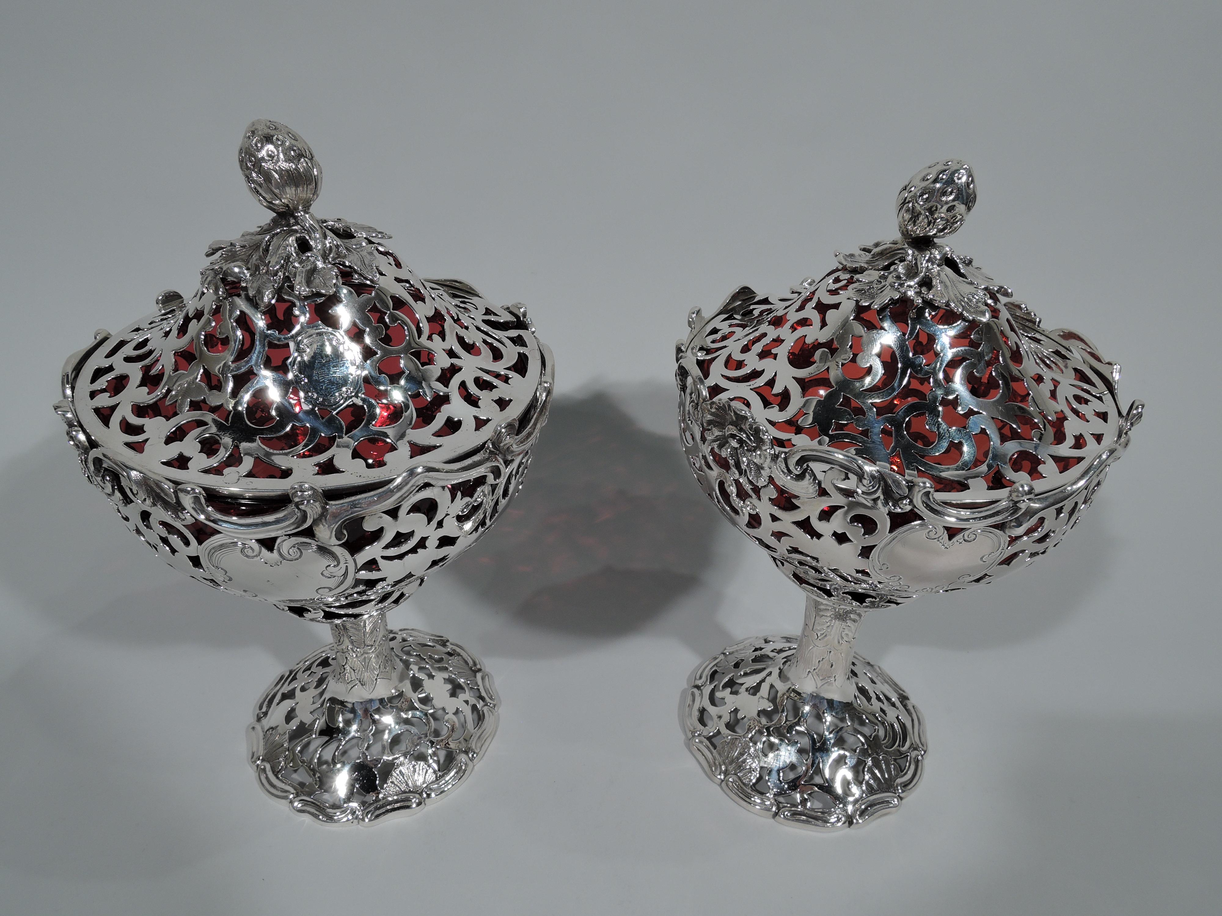 Victorian Pair of English Sterling Silver and Red Glass Strawberry Jam Compotes