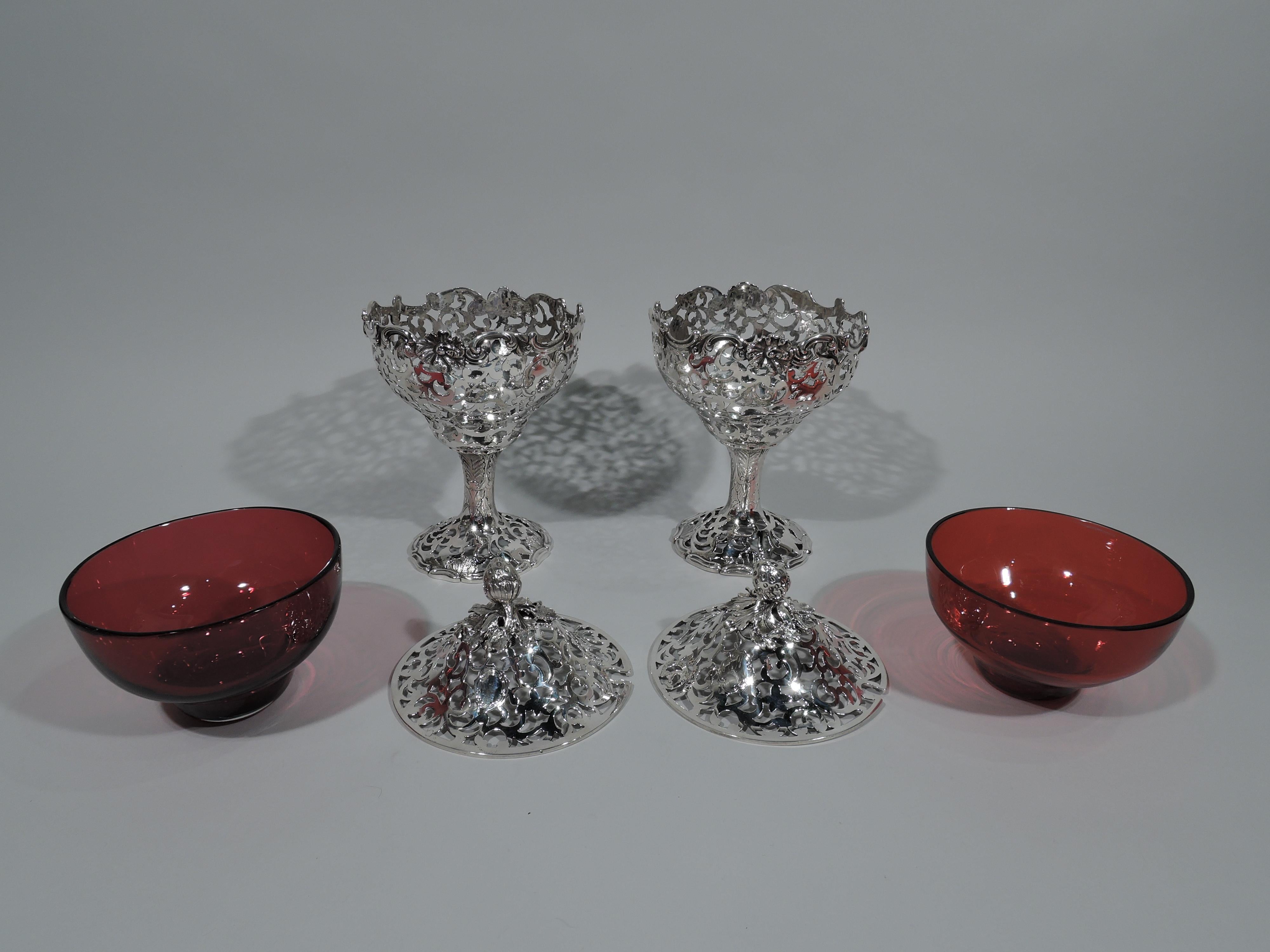 Pair of English Sterling Silver and Red Glass Strawberry Jam Compotes In Excellent Condition In New York, NY