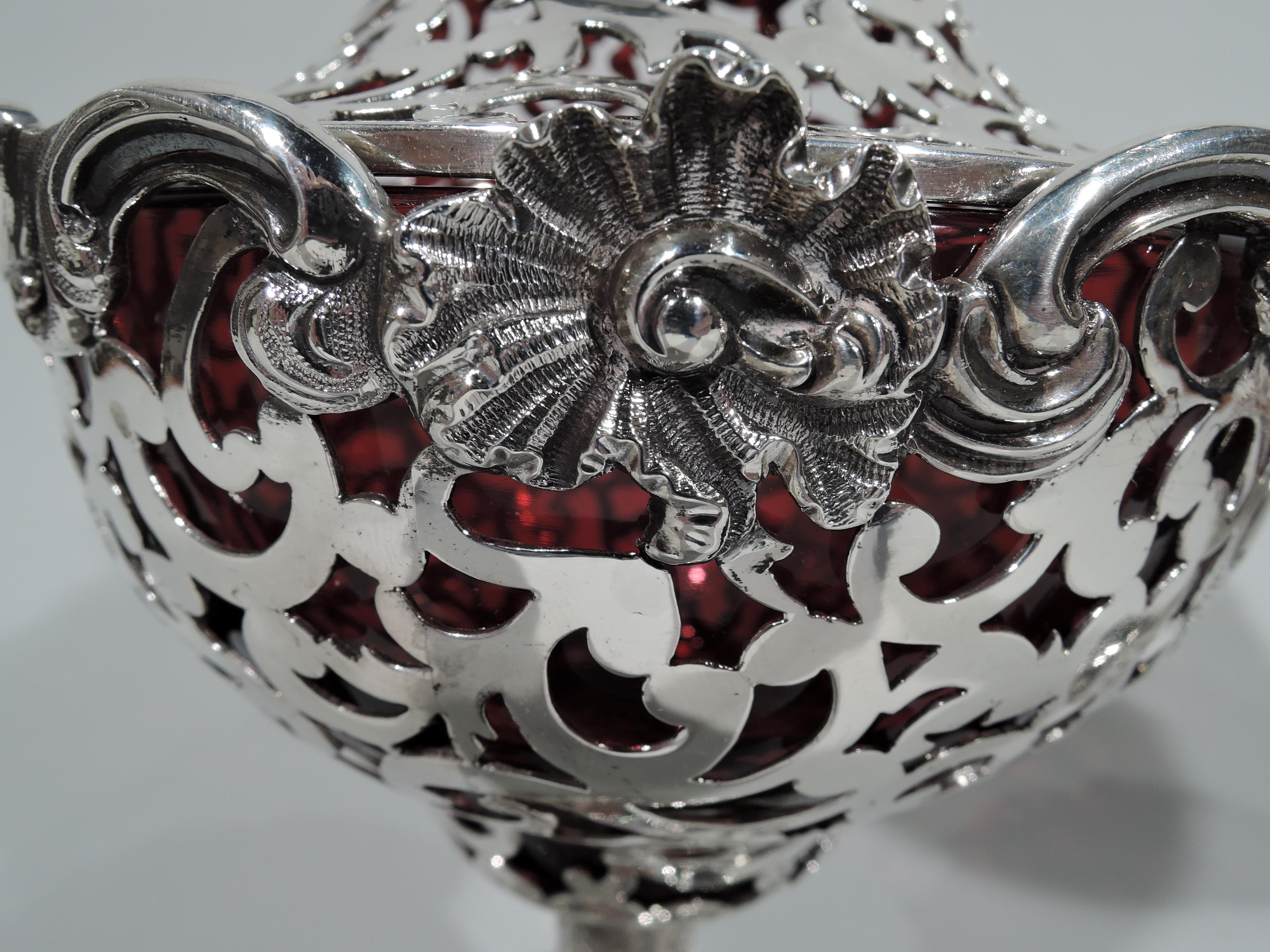 Pair of English Sterling Silver and Red Glass Strawberry Jam Compotes 2