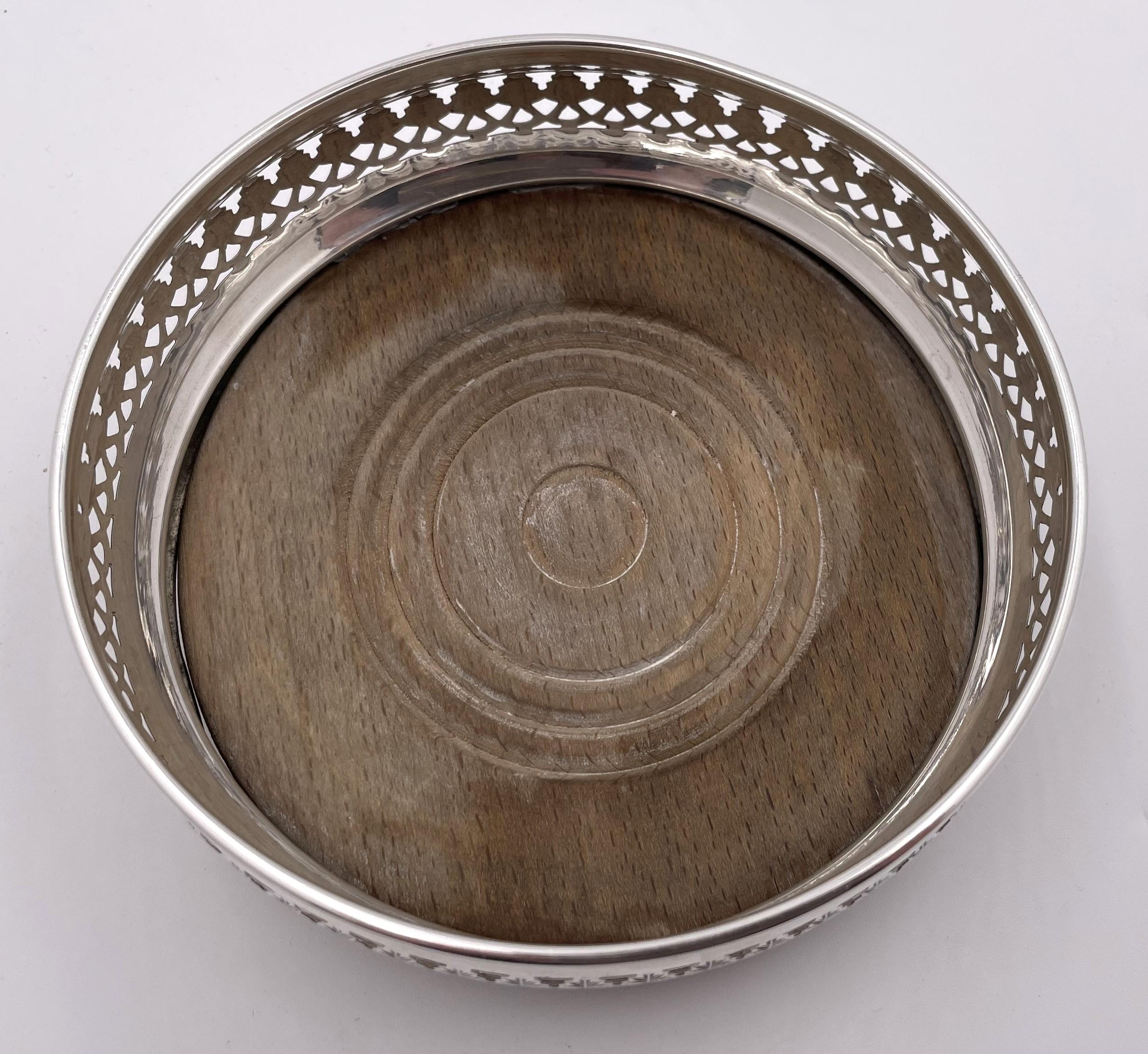 Mid-20th Century Pair of English Sterling Silver & Wood Coasters For Sale