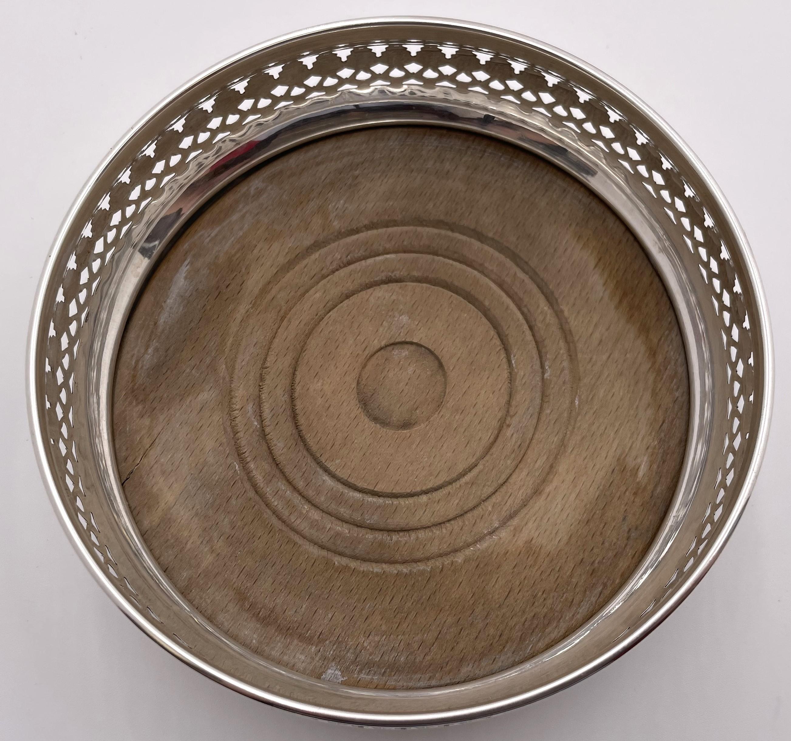 Pair of English Sterling Silver & Wood Coasters For Sale 1