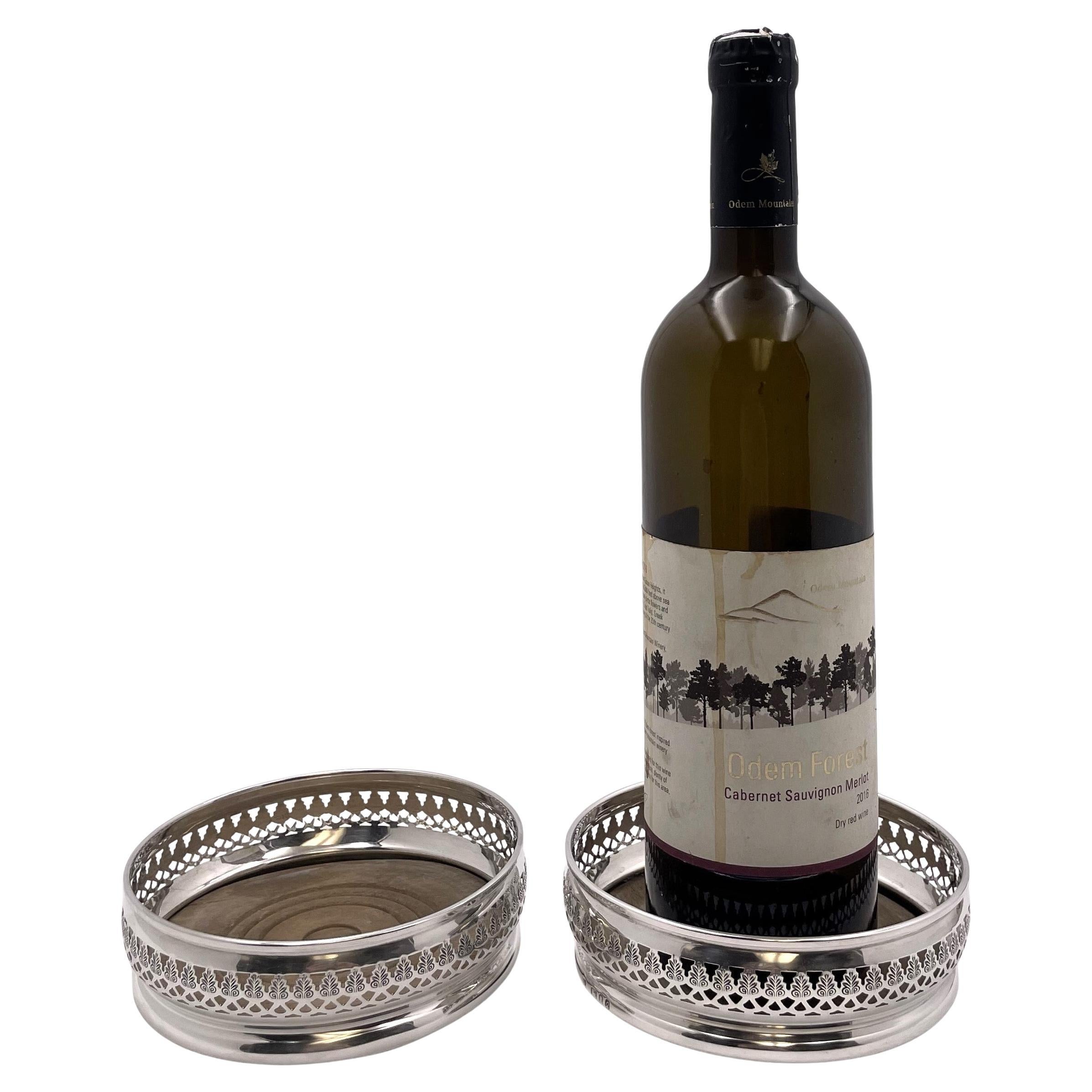 Pair of English Sterling Silver & Wood Coasters For Sale