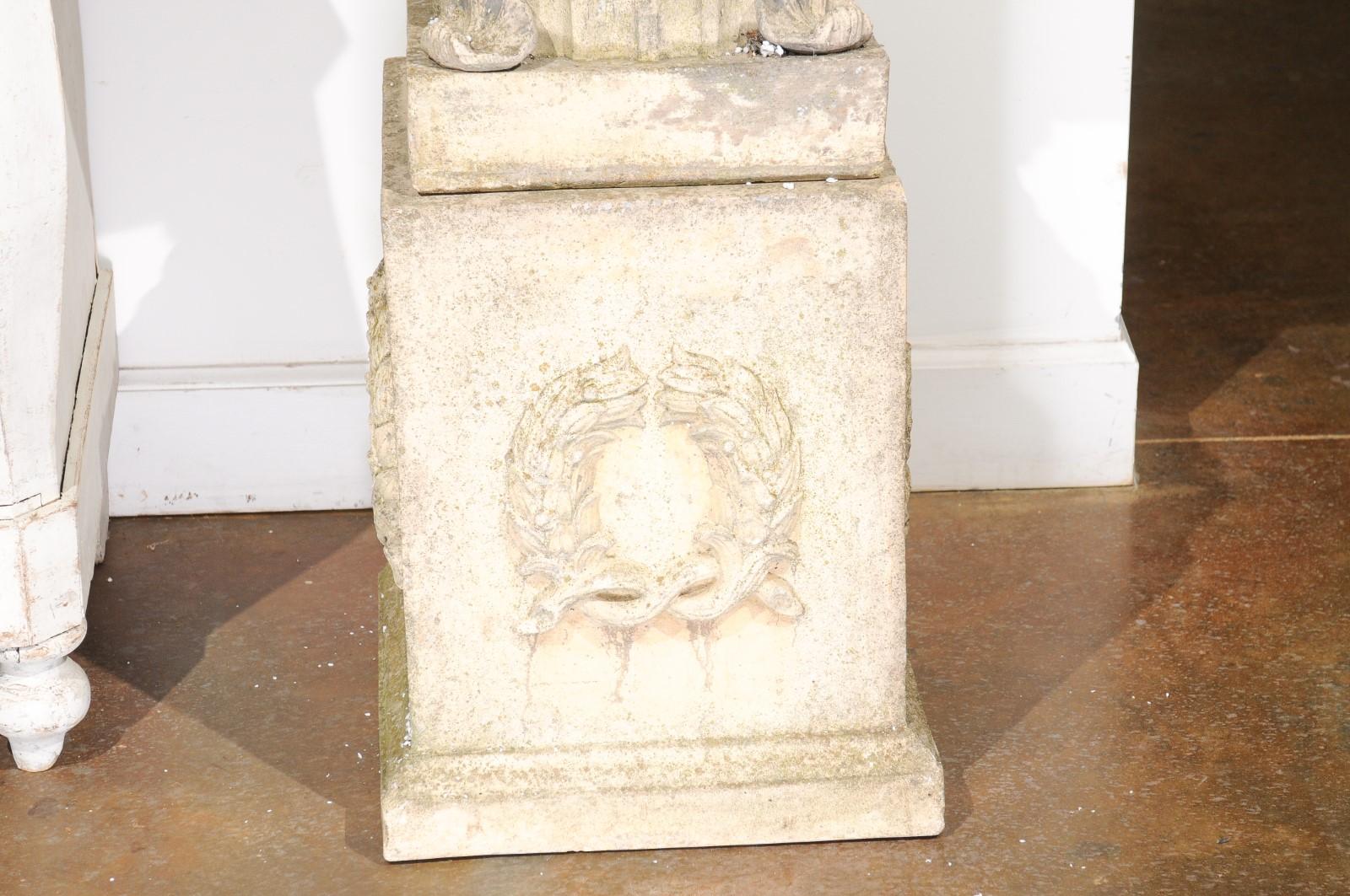 Pair of English Stone Garden Urns on Pedestals with Laurel Wreaths and Gadroons 4