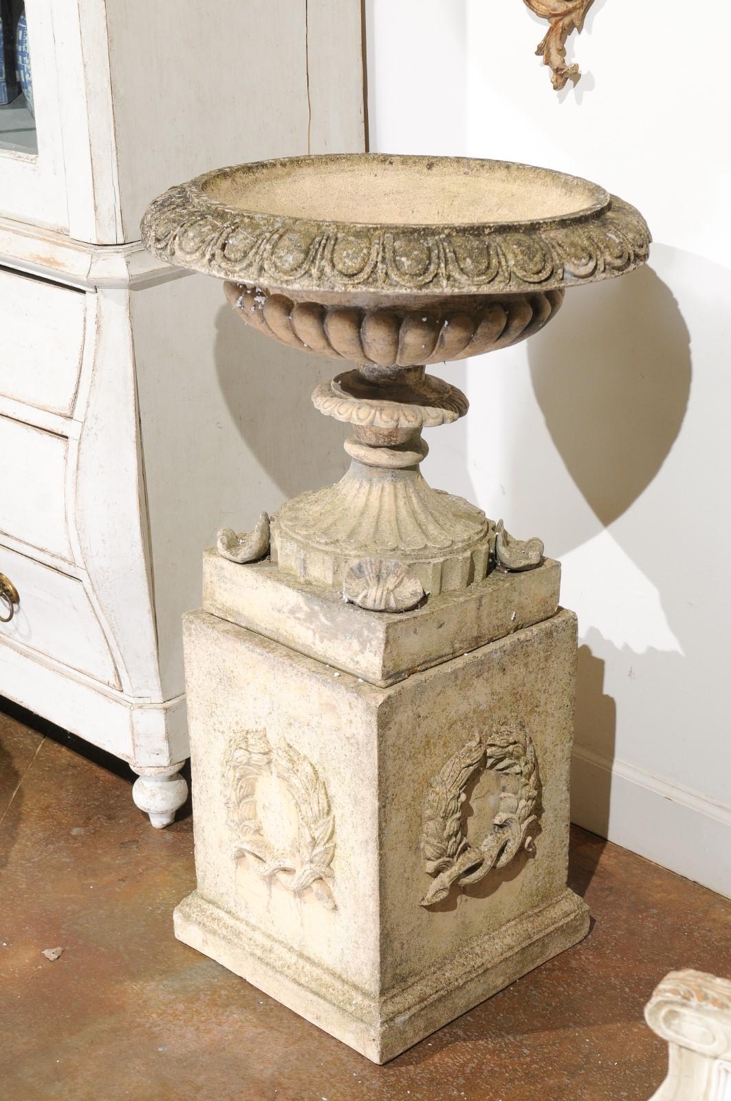 Pair of English Stone Garden Urns on Pedestals with Laurel Wreaths and Gadroons 5