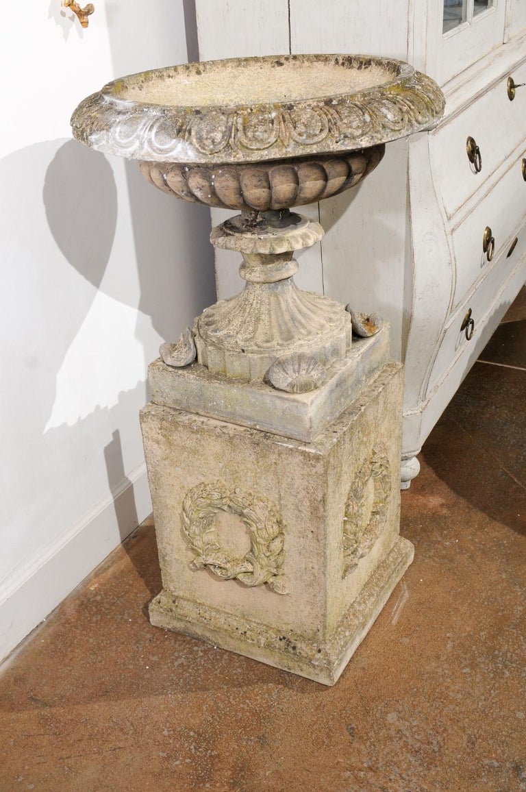 Pair of English Stone Garden Urns on Pedestals with Laurel Wreaths and Gadroons For Sale 3