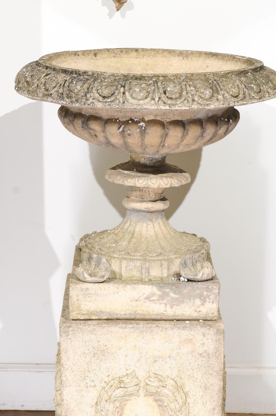 Pair of English Stone Garden Urns on Pedestals with Laurel Wreaths and Gadroons 2