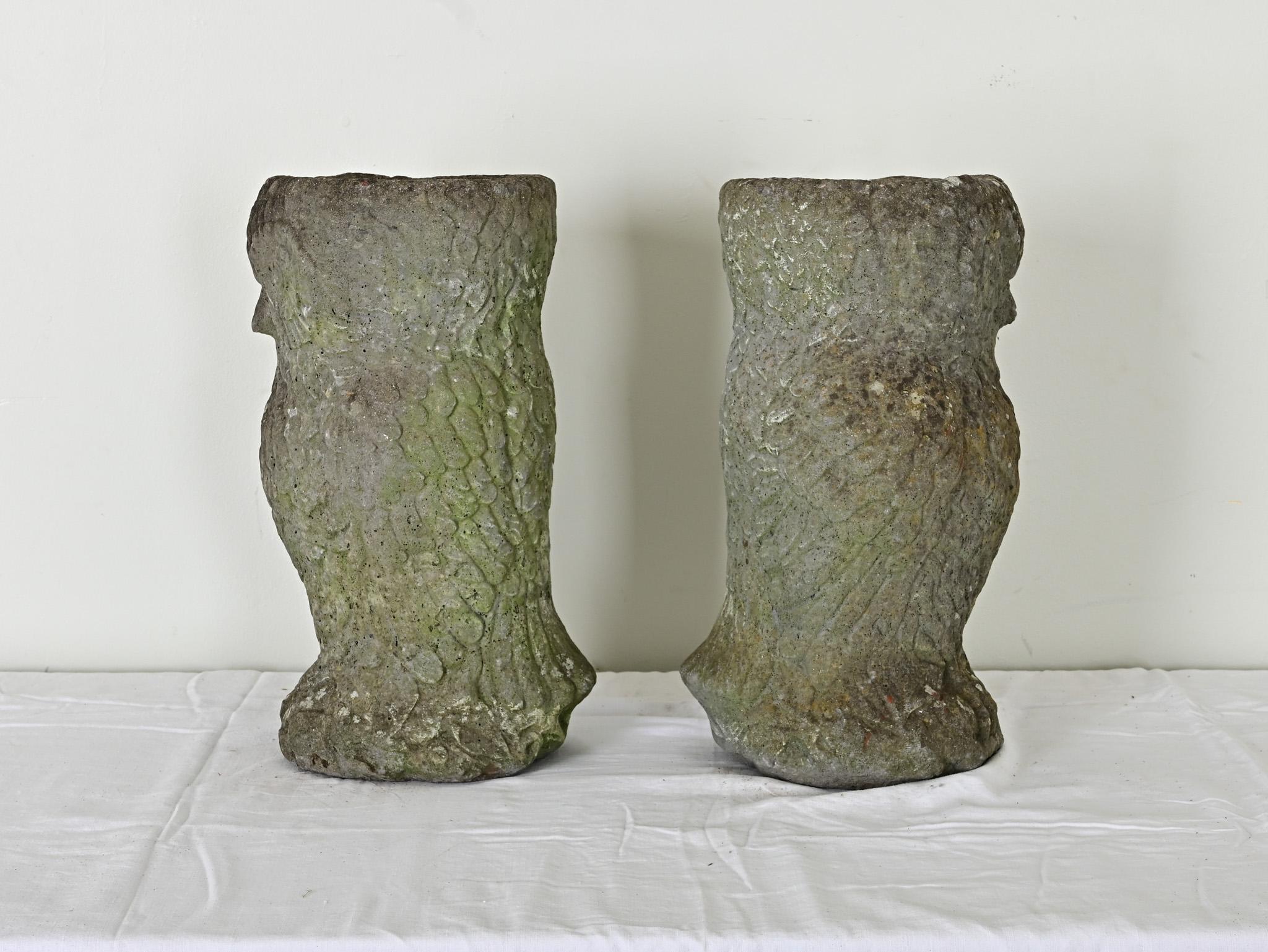 Pair of English Stone Owl Planters 3