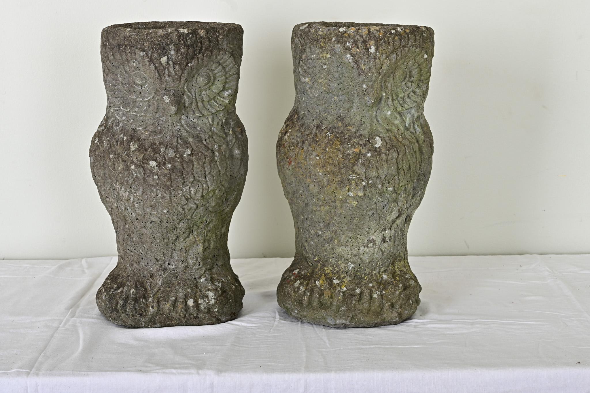 Wonderful pair of English owl planters to keep watch over your garden or interior. The cast, reconstituted stone vessels have lovely color and texture–both mineral and in the natural patina that develops only with time. Tall and narrow in form, the