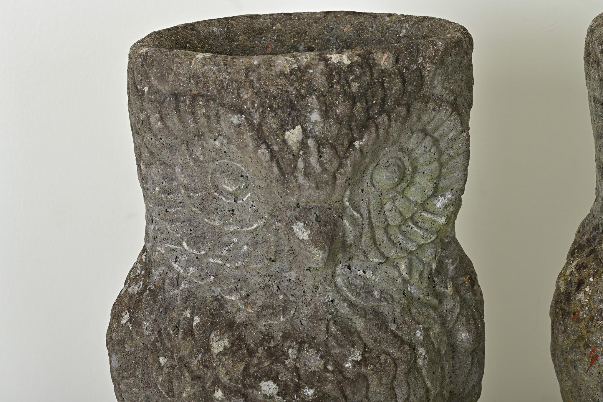 Cast Pair of English Stone Owl Planters