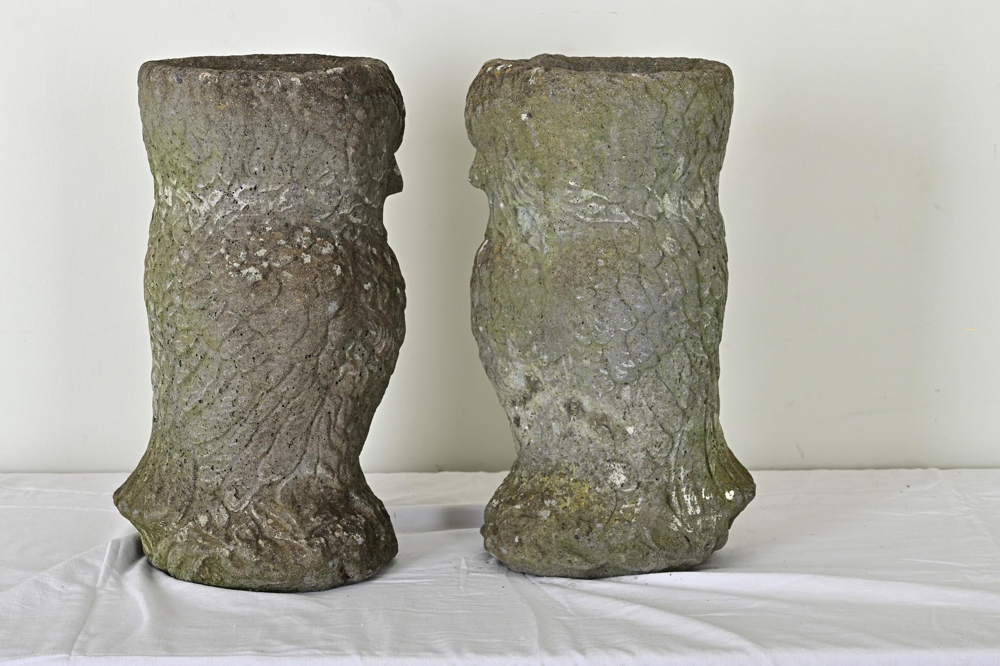 Pair of English Stone Owl Planters 1