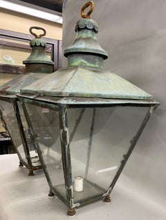 Pair of English Street Lamps by Parkinson and W & B Cowan Ltd with Verdigris