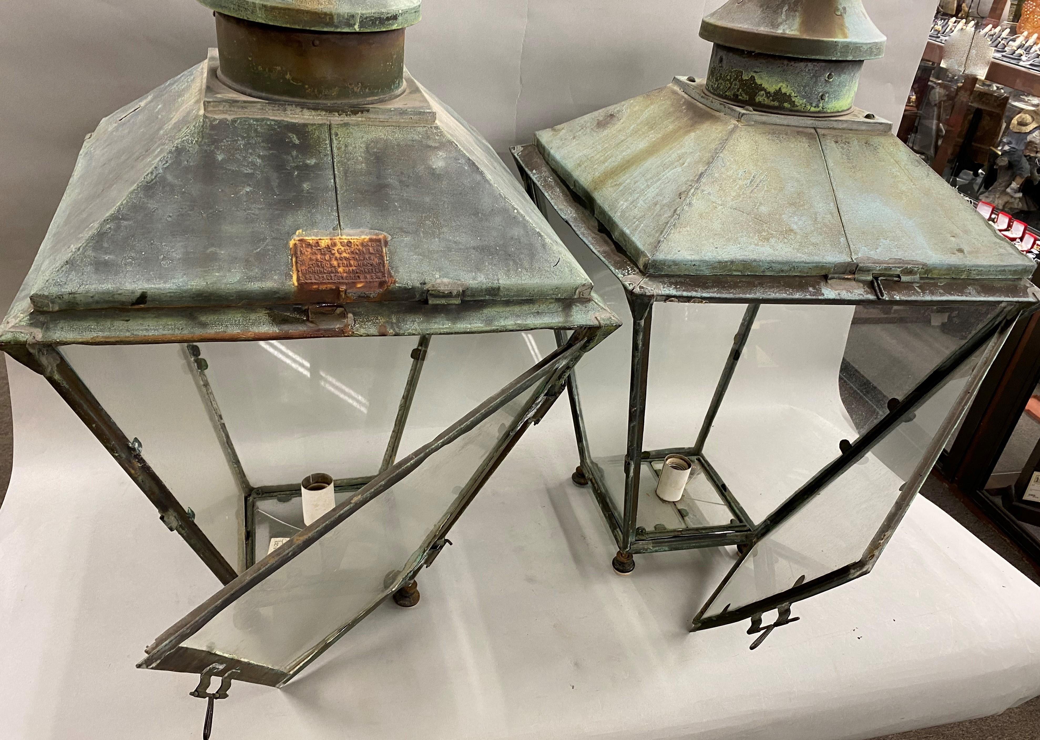 Metal Pair of English Street Lamps by Parkinson and W & B Cowan Ltd with Verdigris