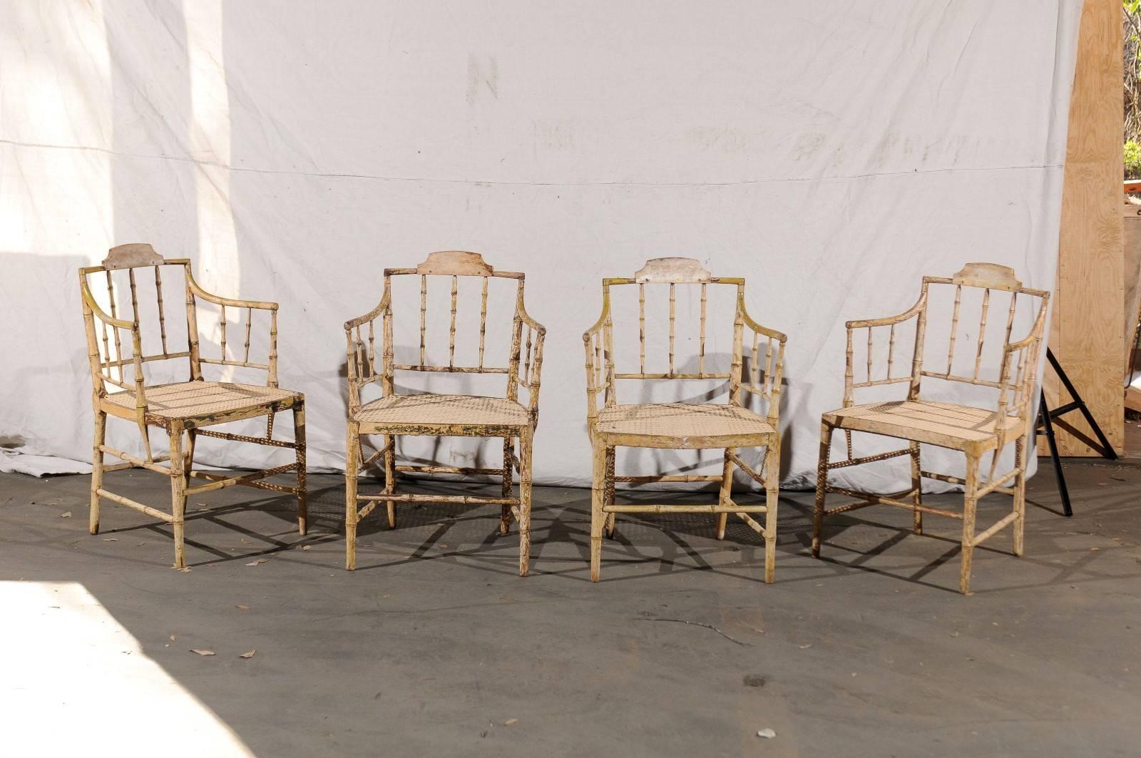 Pair of English stripped faux bamboo armchairs, circa 1830
New cane seats
Measures: 20.5