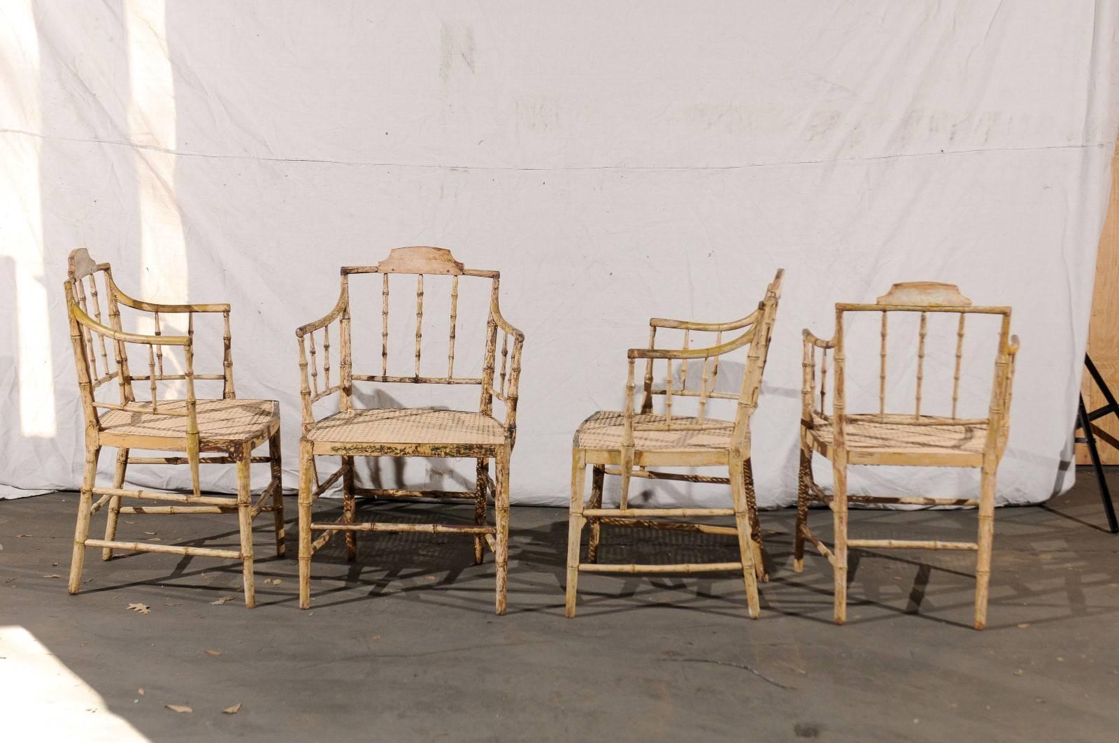 Pair of English Stripped Faux Bamboo Armchairs, New Cane Seats, circa 1830 In Good Condition In Atlanta, GA