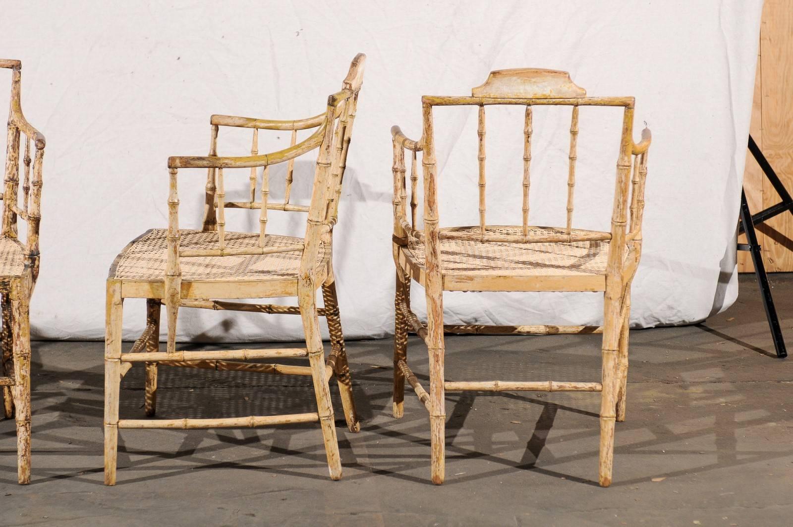 19th Century Pair of English Stripped Faux Bamboo Armchairs, New Cane Seats, circa 1830