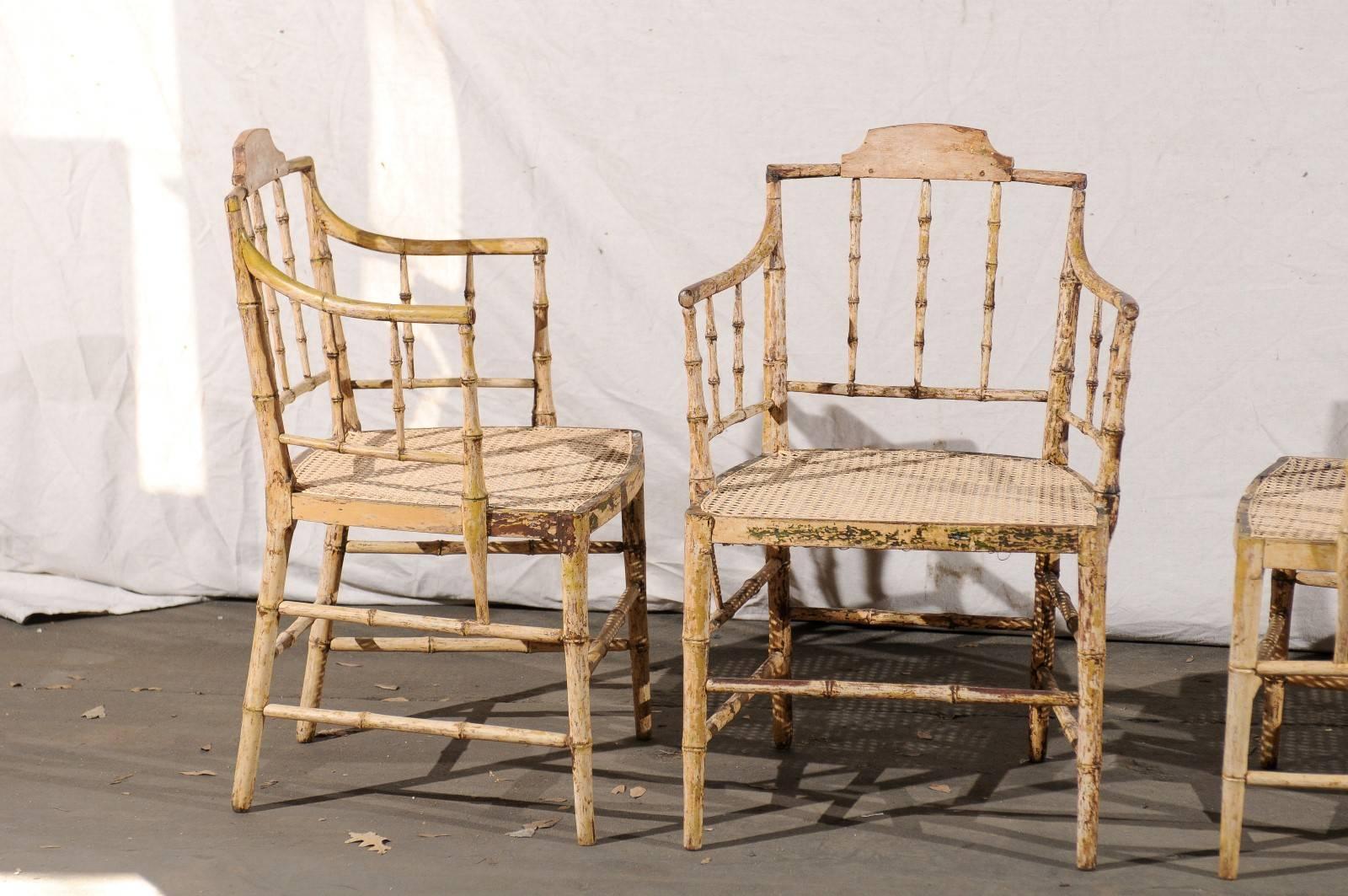 Pair of English Stripped Faux Bamboo Armchairs, New Cane Seats, circa 1830 1