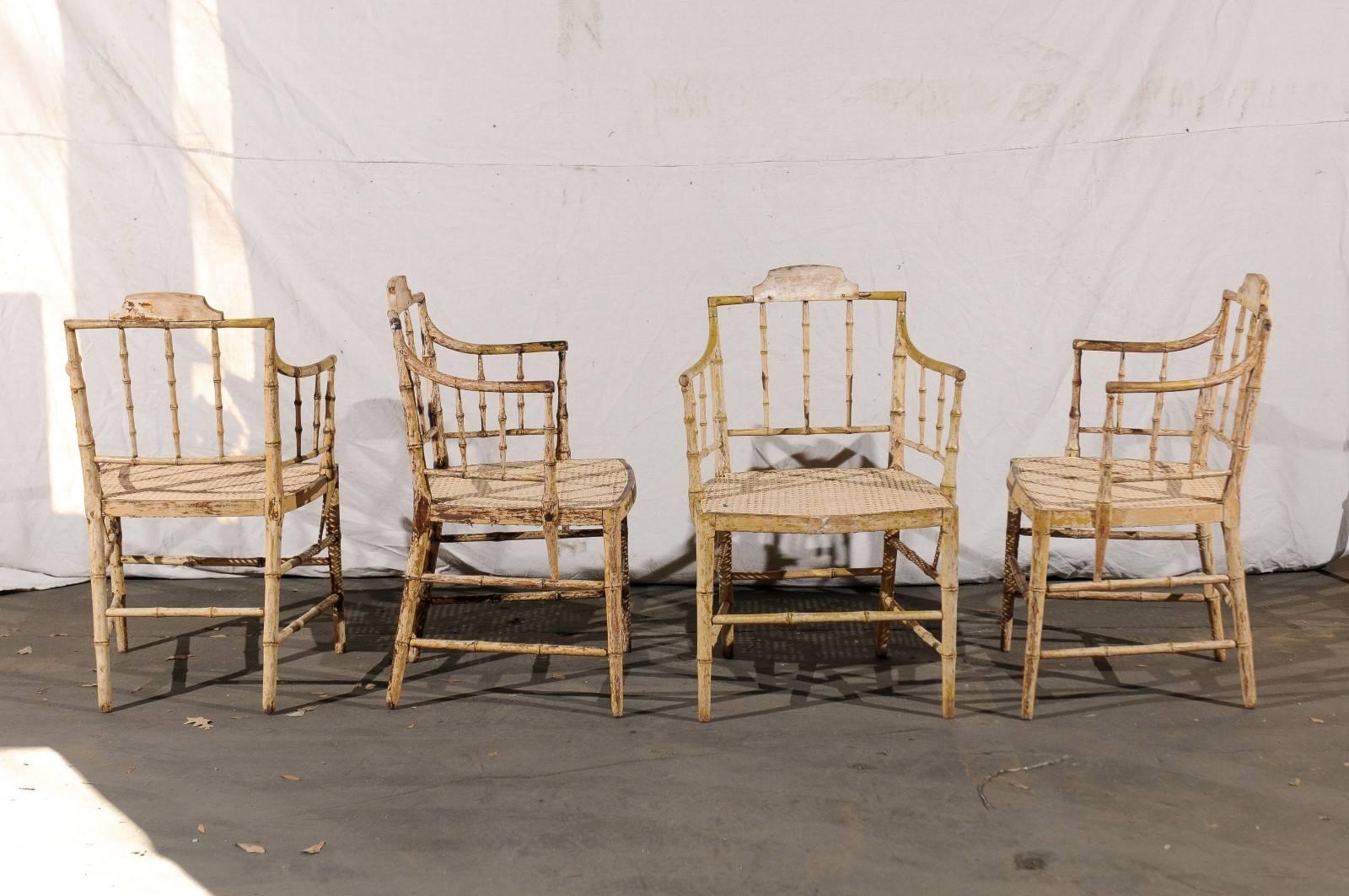 Pair of English Stripped Faux Bamboo Armchairs, New Cane Seats, circa 1830 2