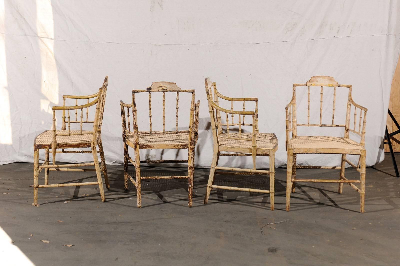 Pair of English Stripped Faux Bamboo Armchairs, New Cane Seats, circa 1830 3