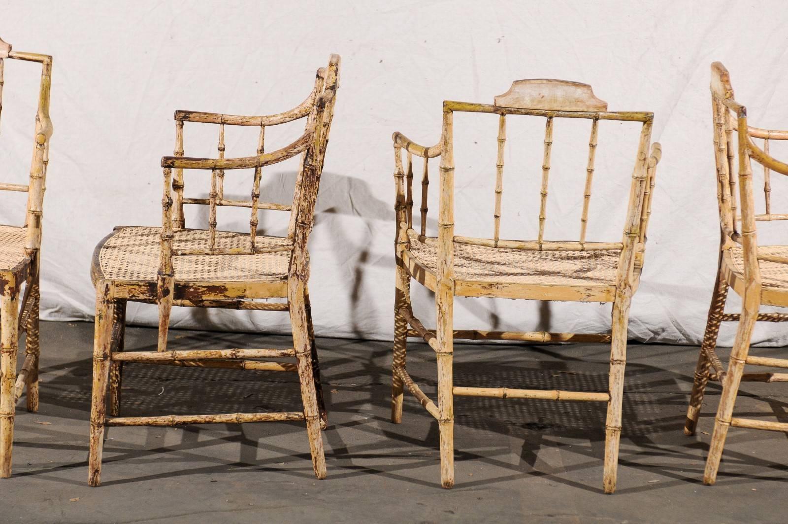 Pair of English Stripped Faux Bamboo Armchairs, New Cane Seats, circa 1830 5