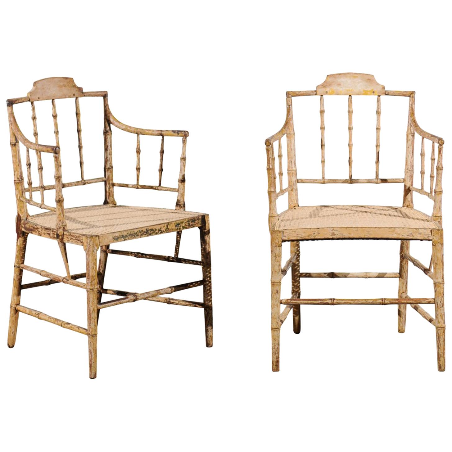Pair of English Stripped Faux Bamboo Armchairs, New Cane Seats, circa 1830