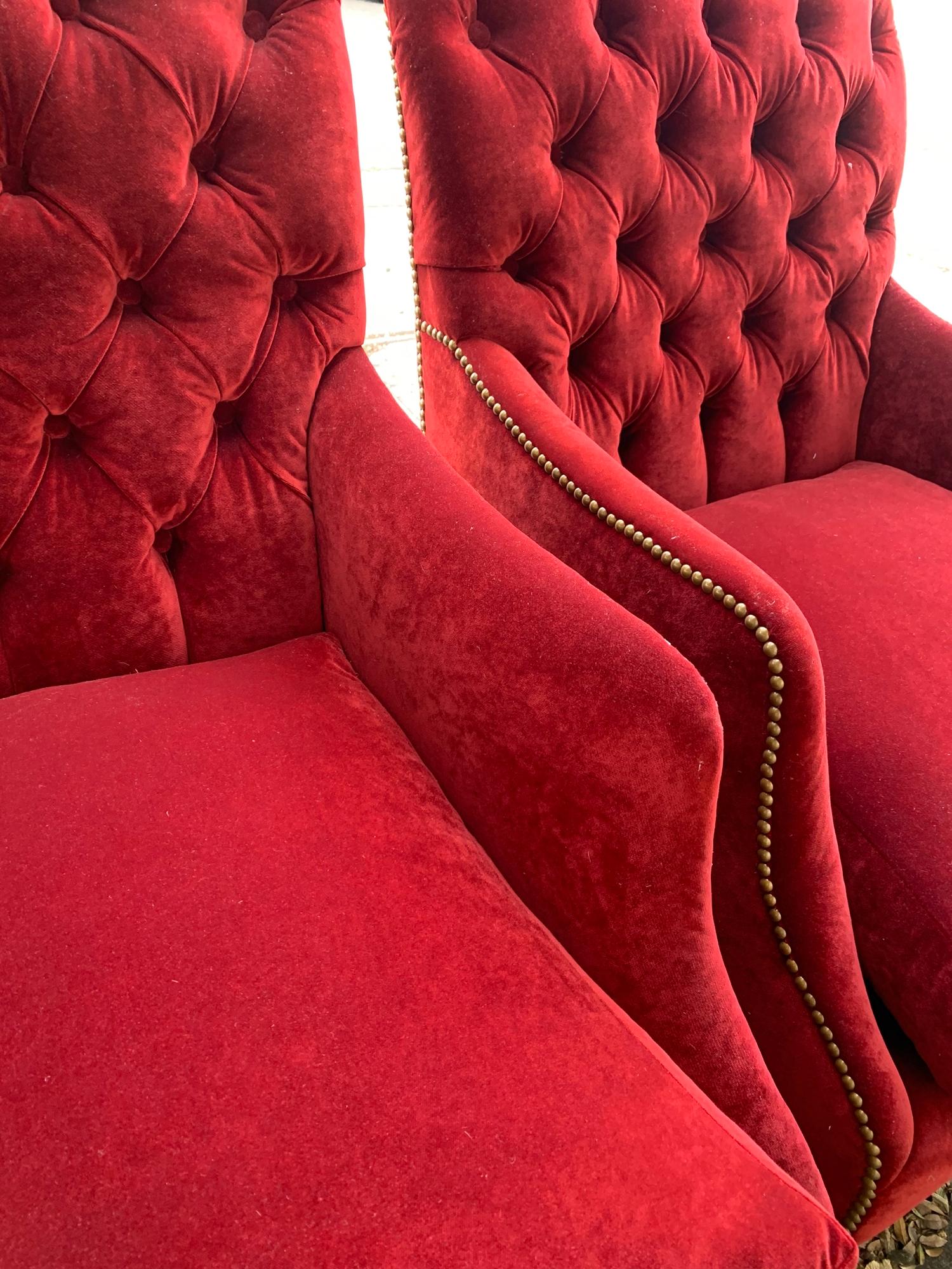 Pair of English Style Armchairs with Tufted Backs, Upholstered in Red Velvet 1