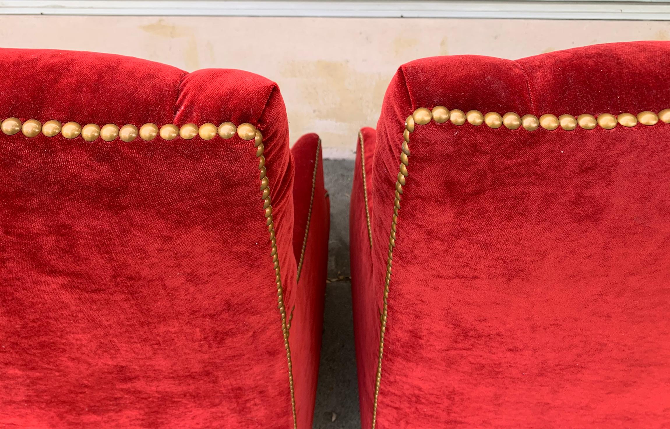 Pair of English Style Armchairs with Tufted Backs, Upholstered in Red Velvet 3