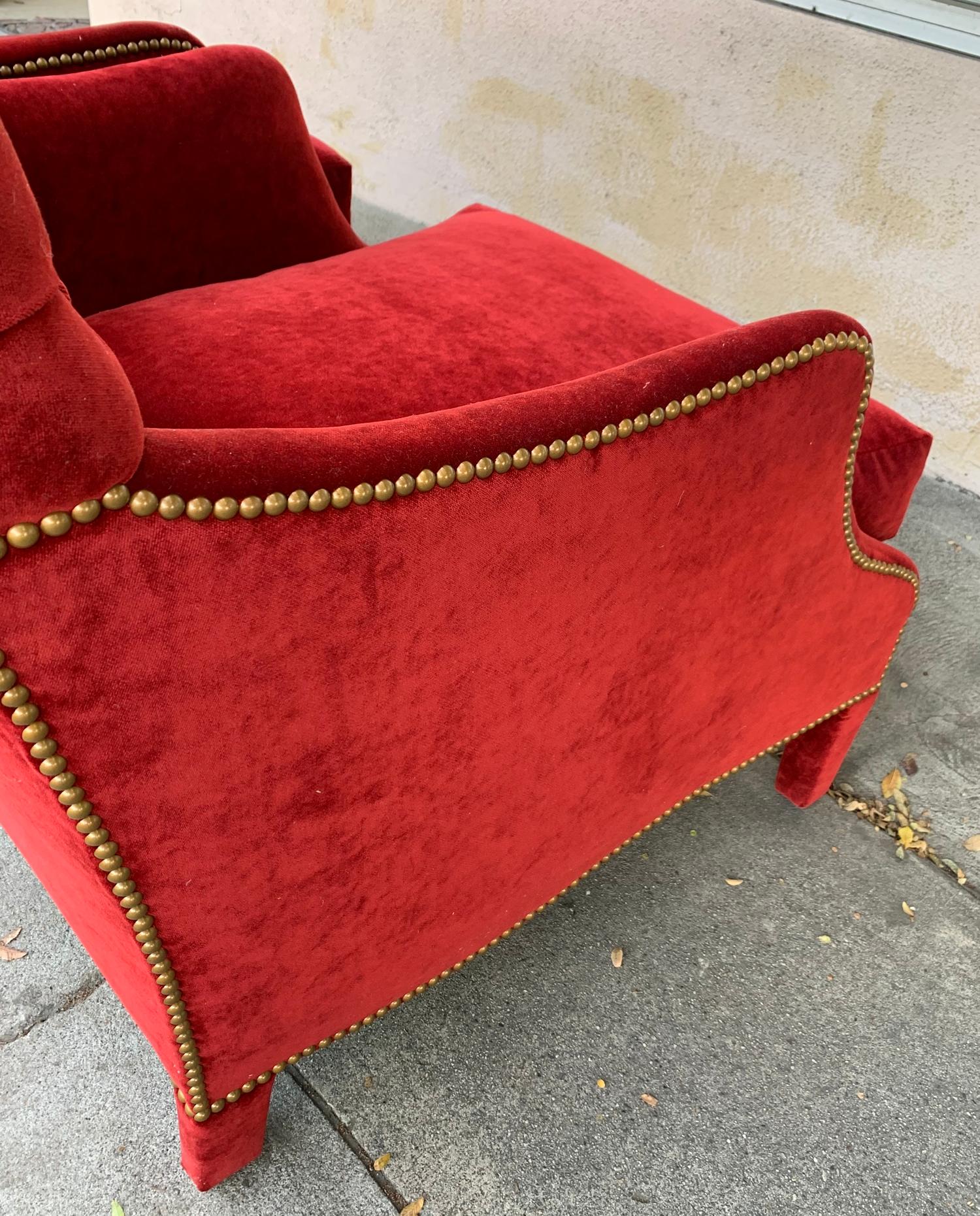 Pair of English Style Armchairs with Tufted Backs, Upholstered in Red Velvet 5