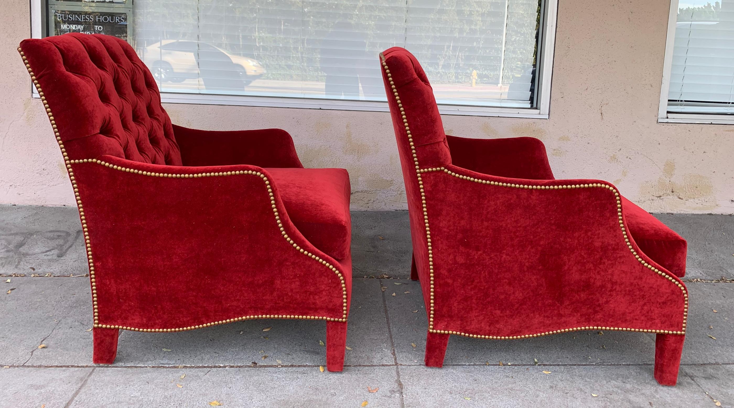 Modern Pair of English Style Armchairs with Tufted Backs, Upholstered in Red Velvet