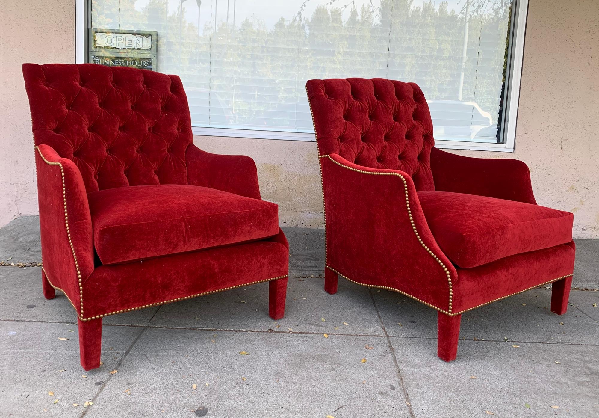 American Pair of English Style Armchairs with Tufted Backs, Upholstered in Red Velvet
