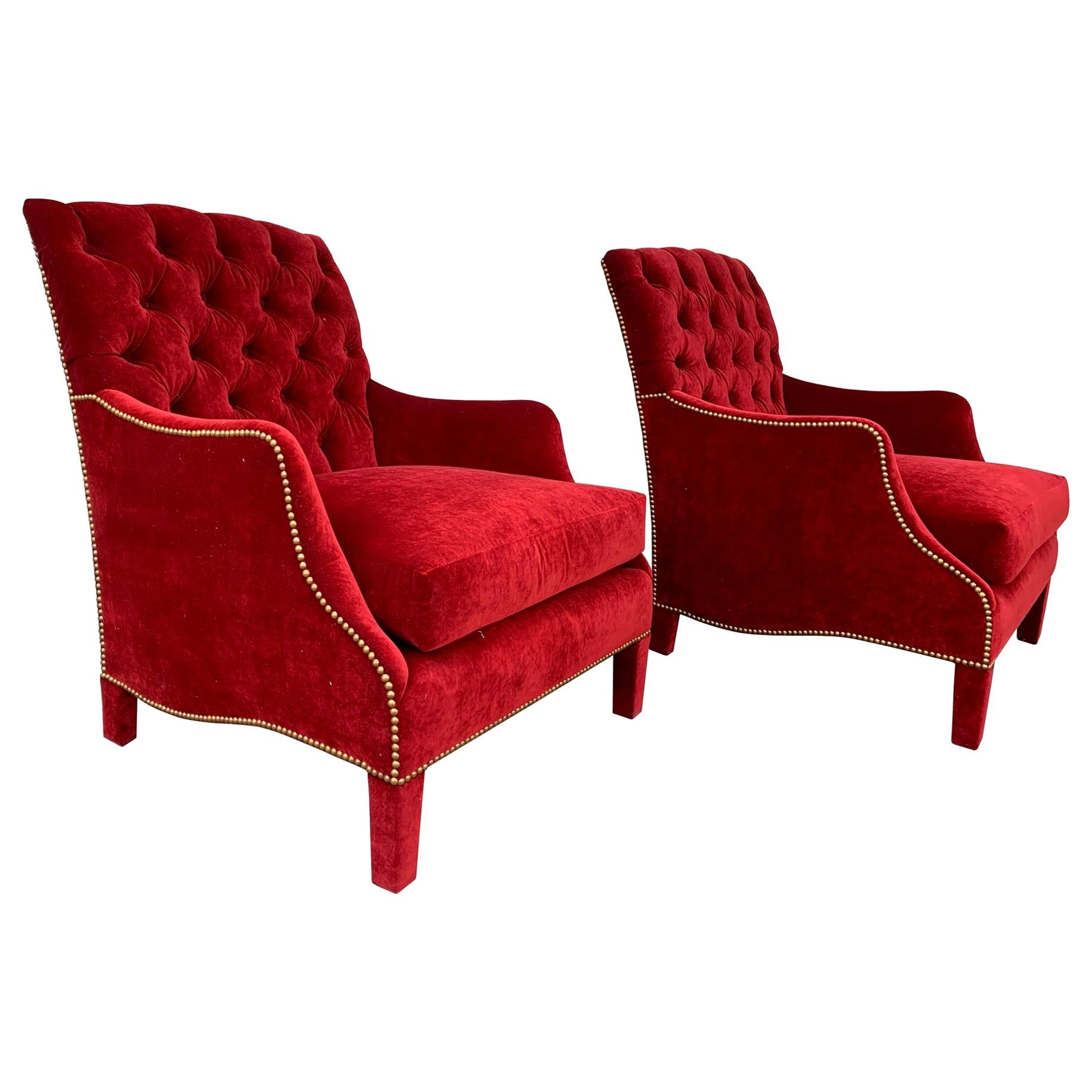 Pair of English Style Armchairs with Tufted Backs, Upholstered in Red Velvet