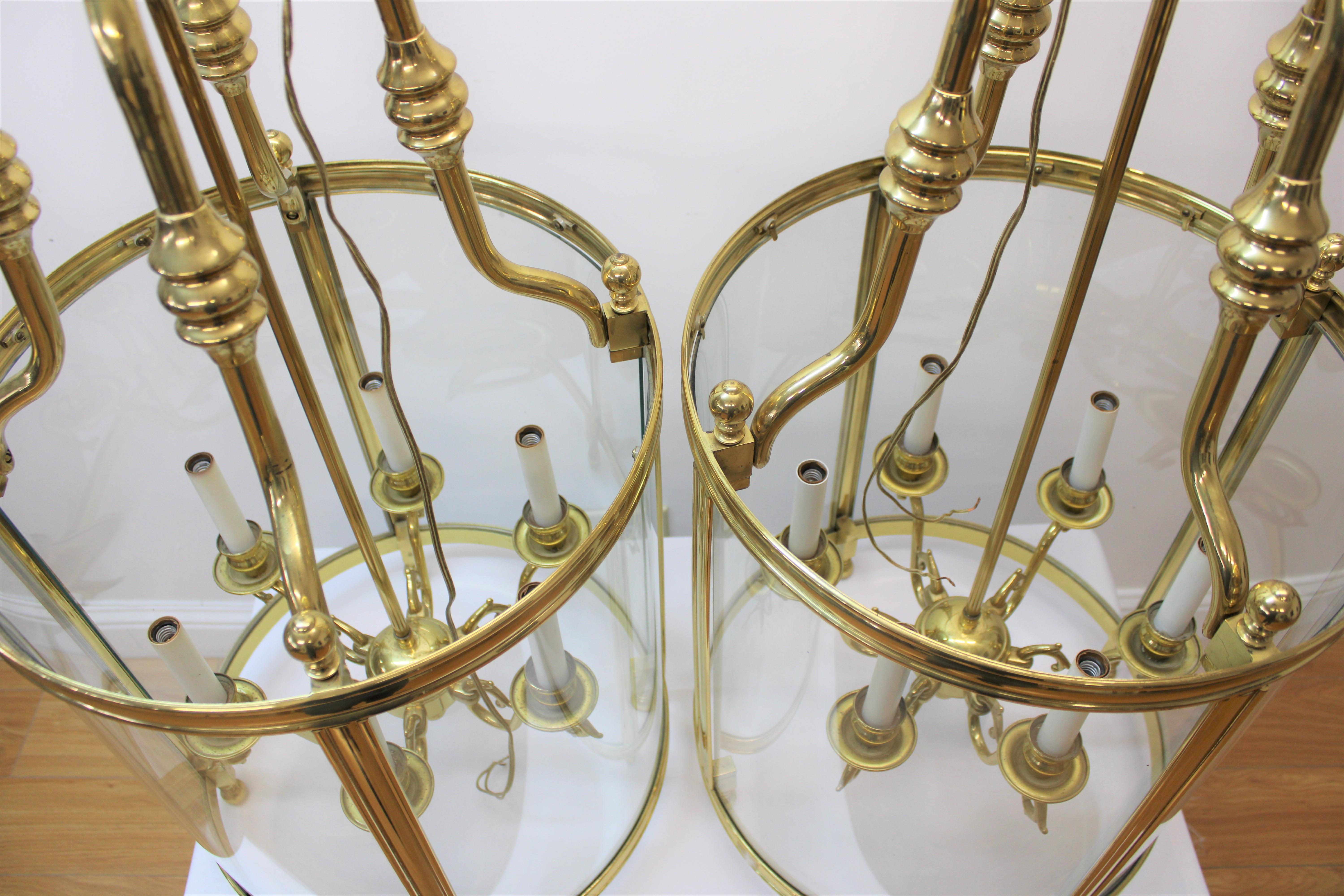 Pair of English Style Brass & Glass Hanging Lanterns For Sale 6