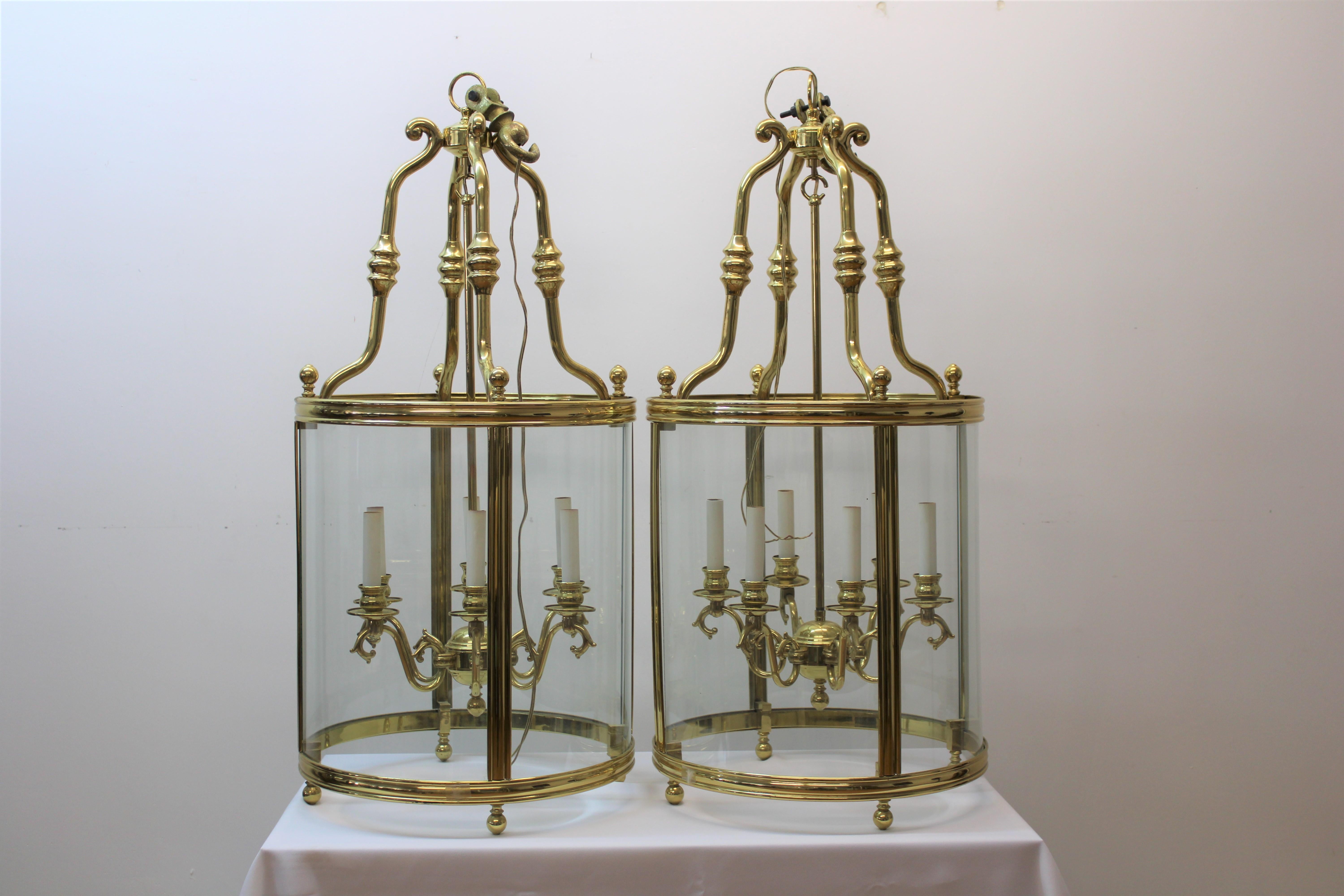 Pair of English Style Brass & Glass Hanging Lanterns For Sale 3