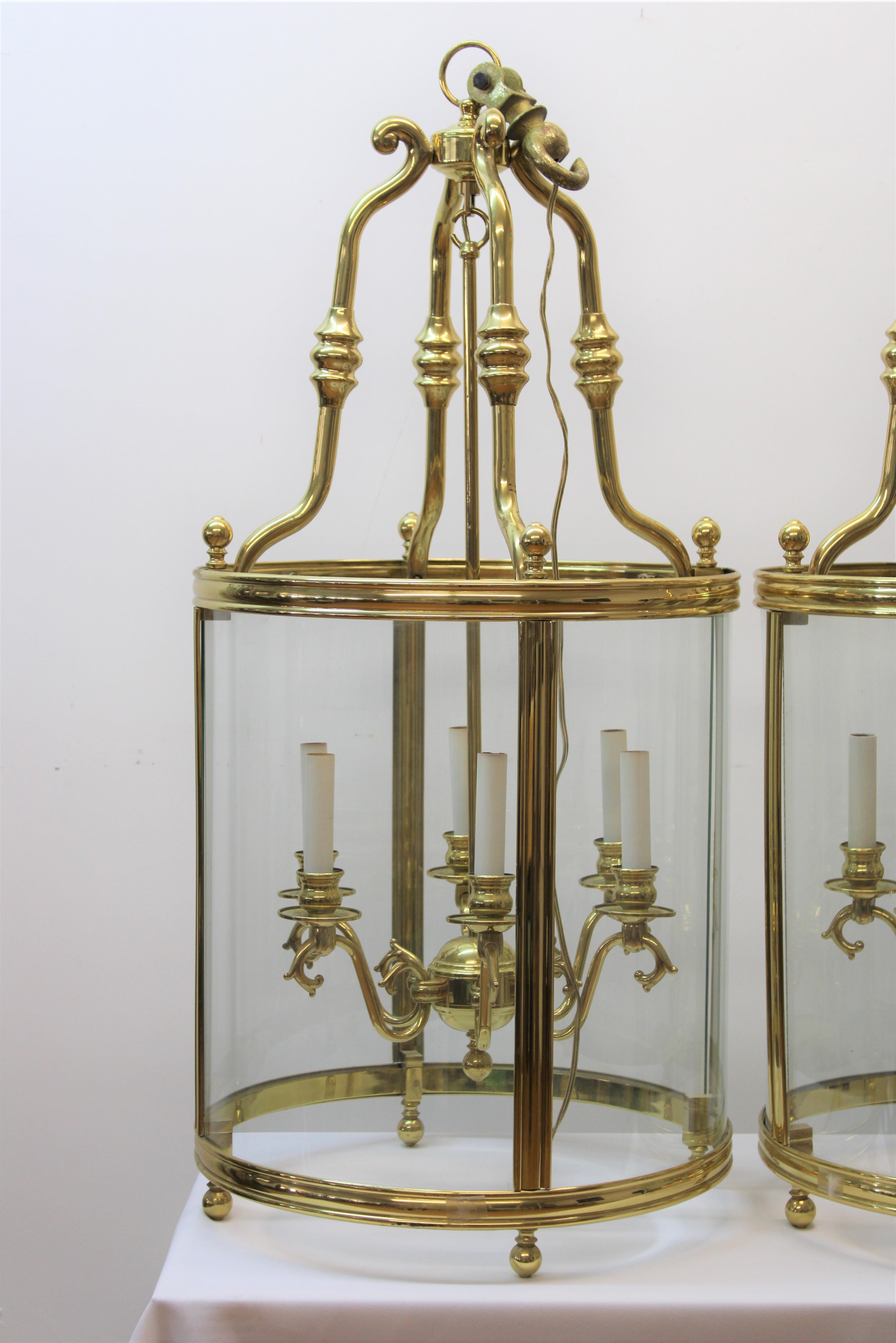 Pair of English Style Brass & Glass Hanging Lanterns For Sale 5