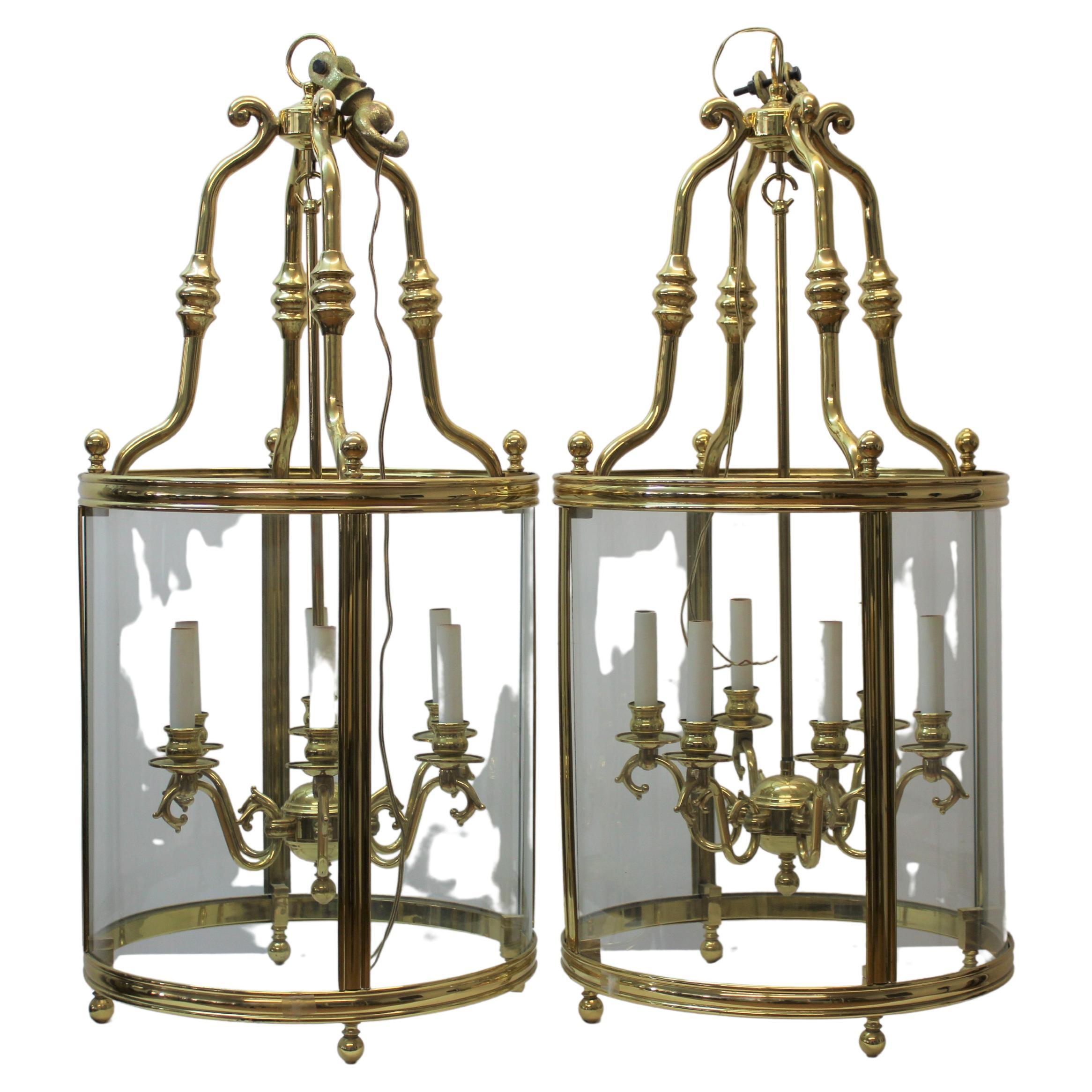 Pair of English Style Brass & Glass Hanging Lanterns For Sale