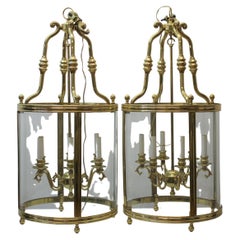 Pair of English Style Brass & Glass Hanging Lanterns