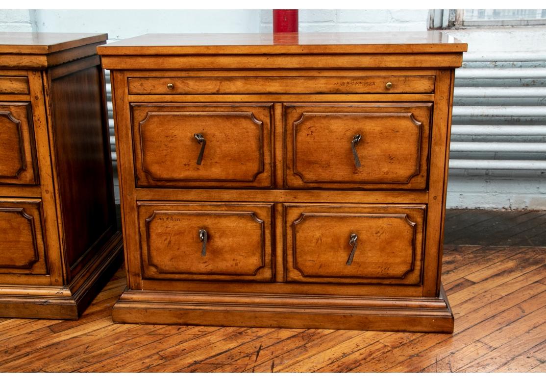 Finely made in a honey tone antiqued wood finish. With two long drawers (looking like four with the carved panels) with silver tone metal drop pulls. With a slide pull above the drawers. With recessed sides and carved bases. May be used effectively