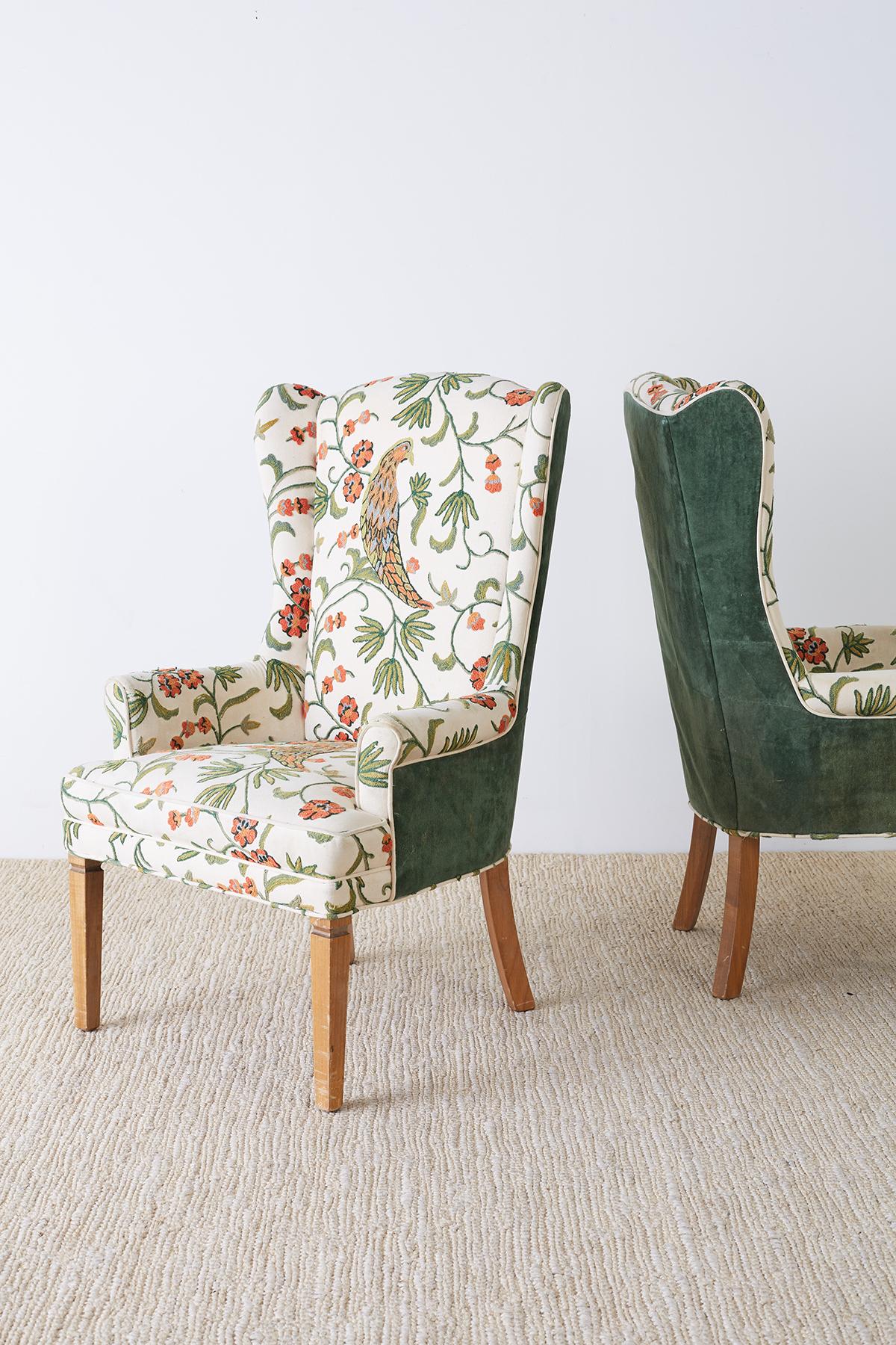 Mid-Century Modern Pair of English Style Crewel Work Wing Chairs