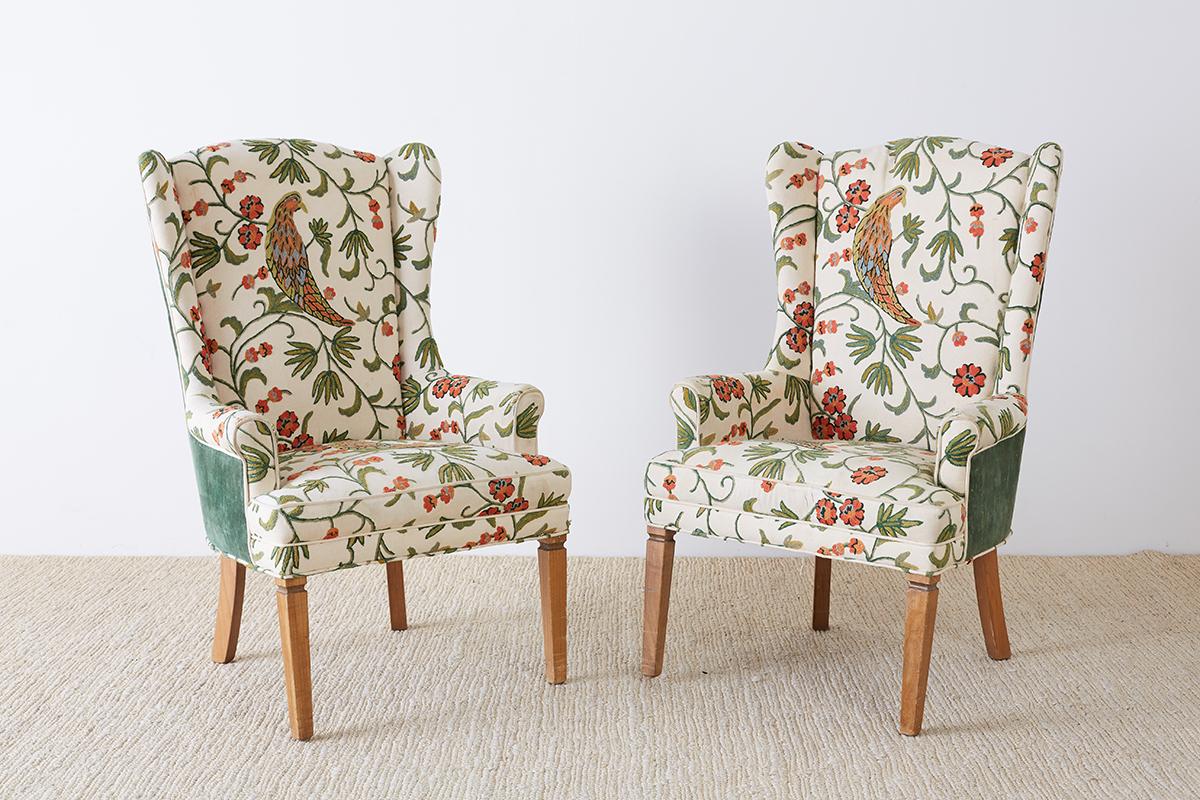 American Pair of English Style Crewel Work Wing Chairs
