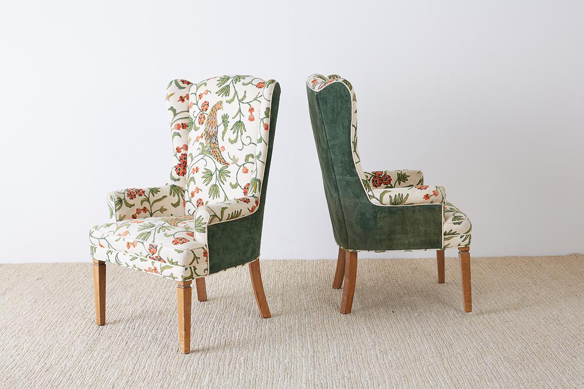 Hand-Crafted Pair of English Style Crewel Work Wing Chairs
