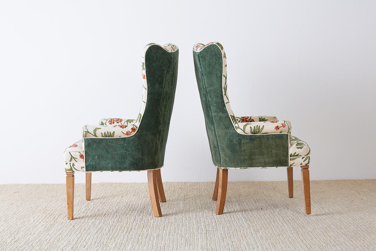 20th Century Pair of English Style Crewel Work Wing Chairs