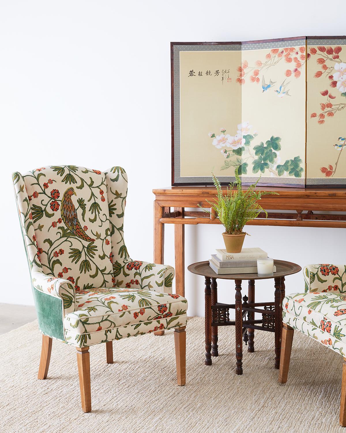 Upholstery Pair of English Style Crewel Work Wing Chairs