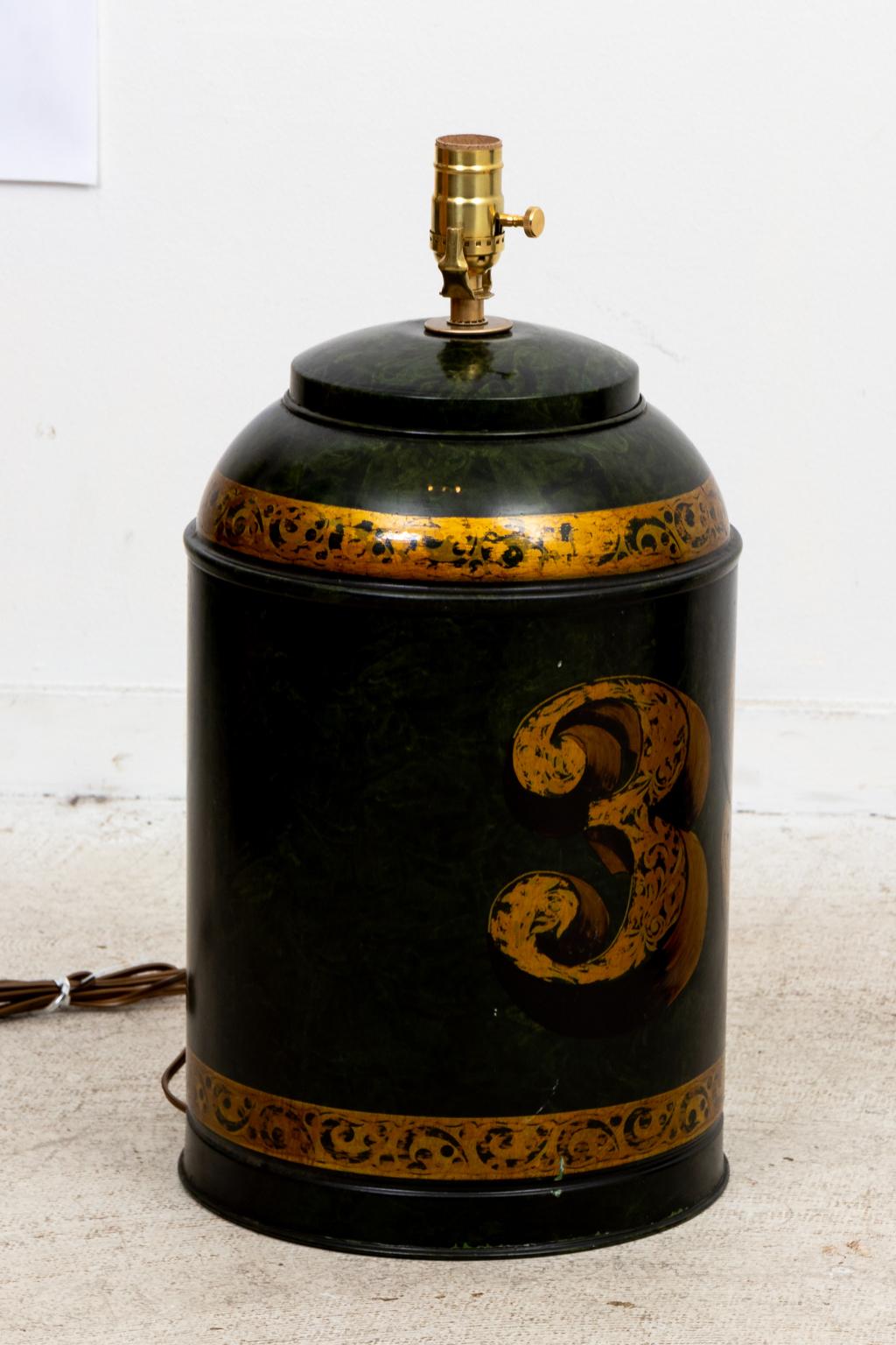 20th Century Pair of English Style Green Tea Tin Lamps