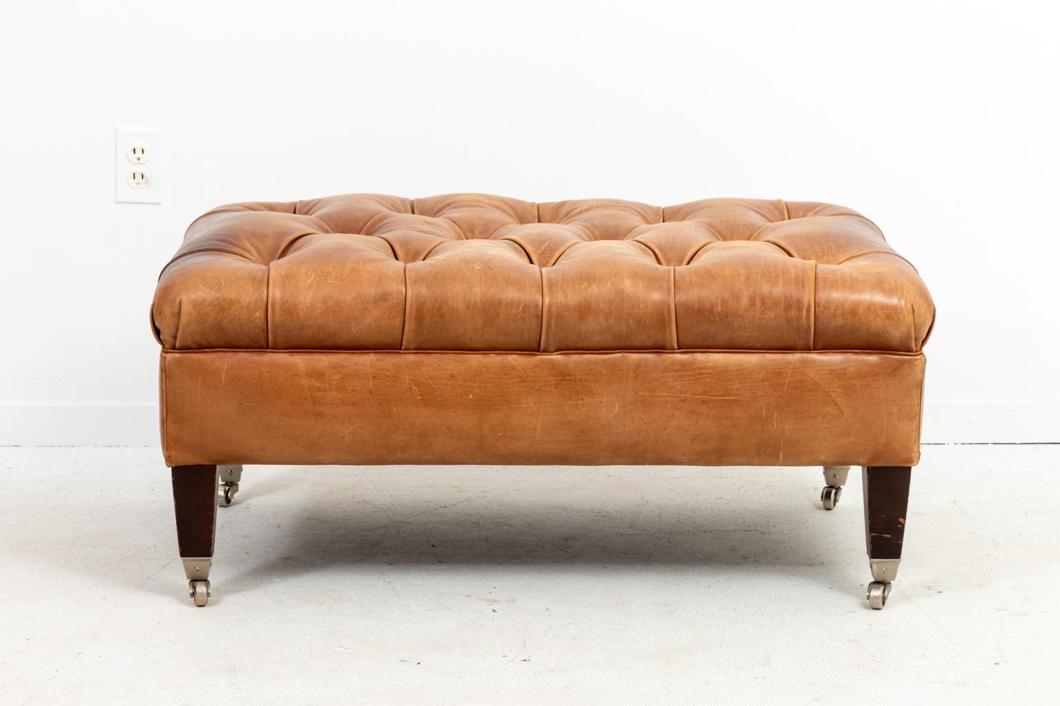 Mid-20th Century Pair of English Style Leather Tufted Benches