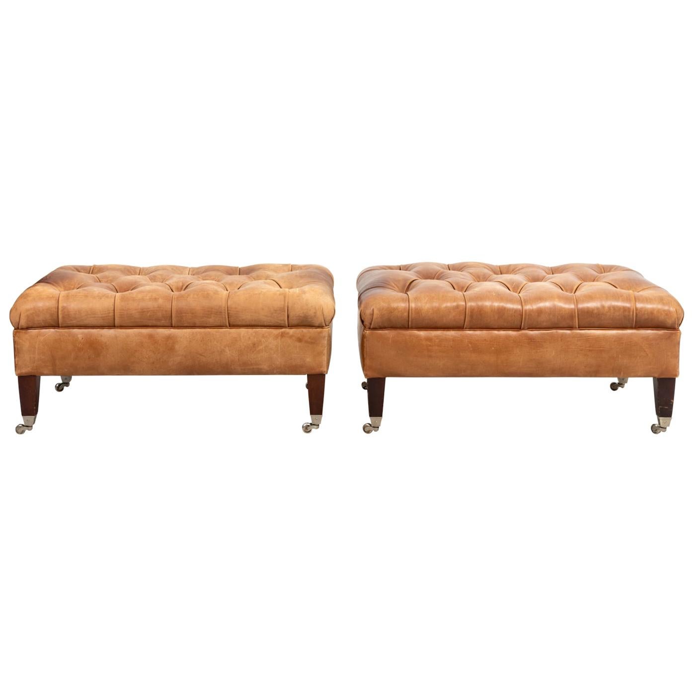 Pair of English Style Leather Tufted Benches