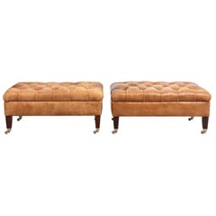 Pair of English Style Leather Tufted Benches