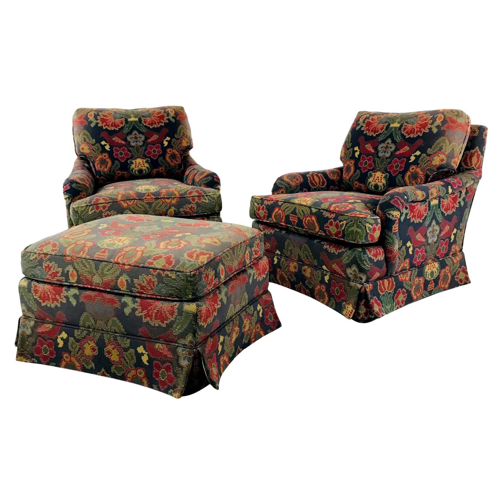Pair of English Style Lounge Chairs with Ottoman by Baker Furniture Co.