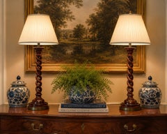 Pair of English Style Open Barley Twist Mahogany and Brass Table Lamps