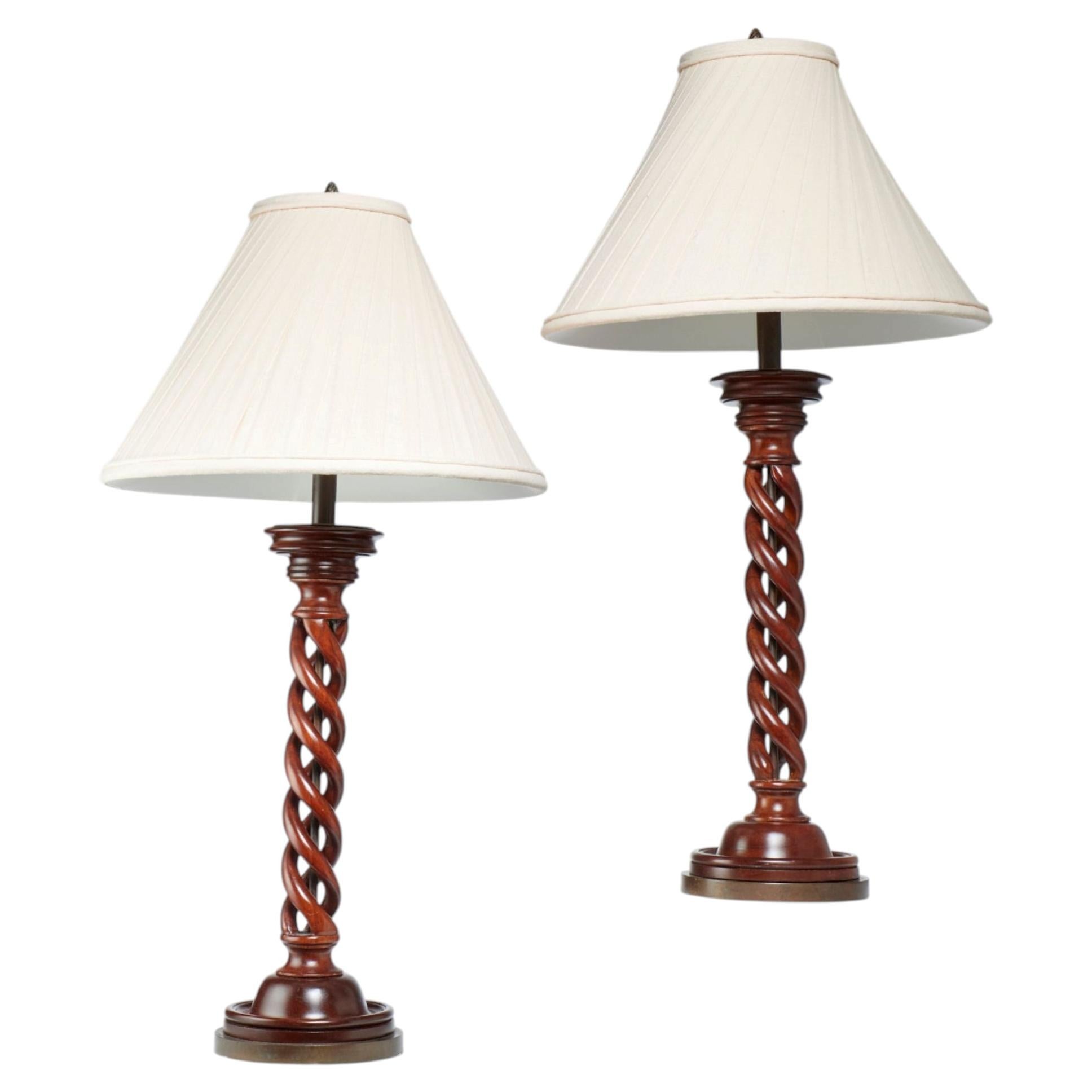 Pair of English Style Open Barley Twist Mahogany and Brass Table Lamps For Sale