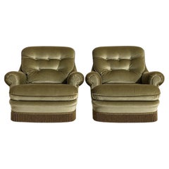 Pair of English-style toad armchairs – 1960s – Olive green velvet