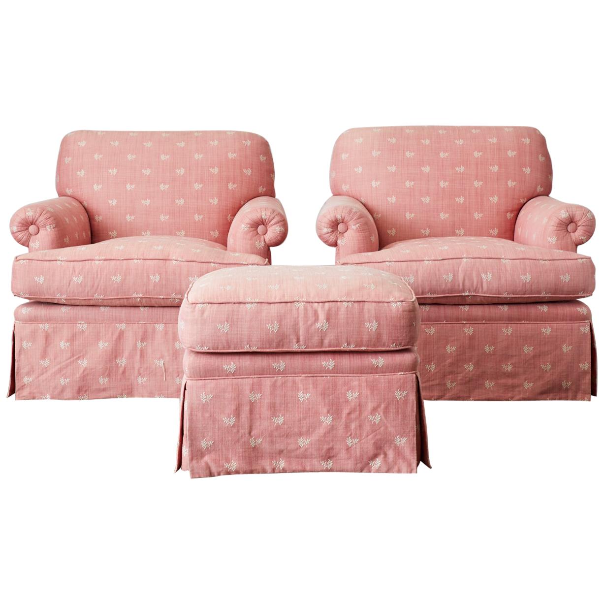 Pair of English Style Upholstered Club Chairs with Ottoman